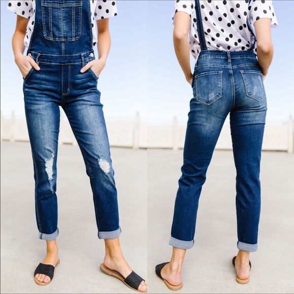 KanCan Los Angeles Distressed Dark Wash Stretch Overalls Size S - Picture 2 of 16